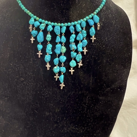 Turquoise Choker Necklace With Sterling Silver Crosses and Clasp Adjustable. - Picture 9 of 9
